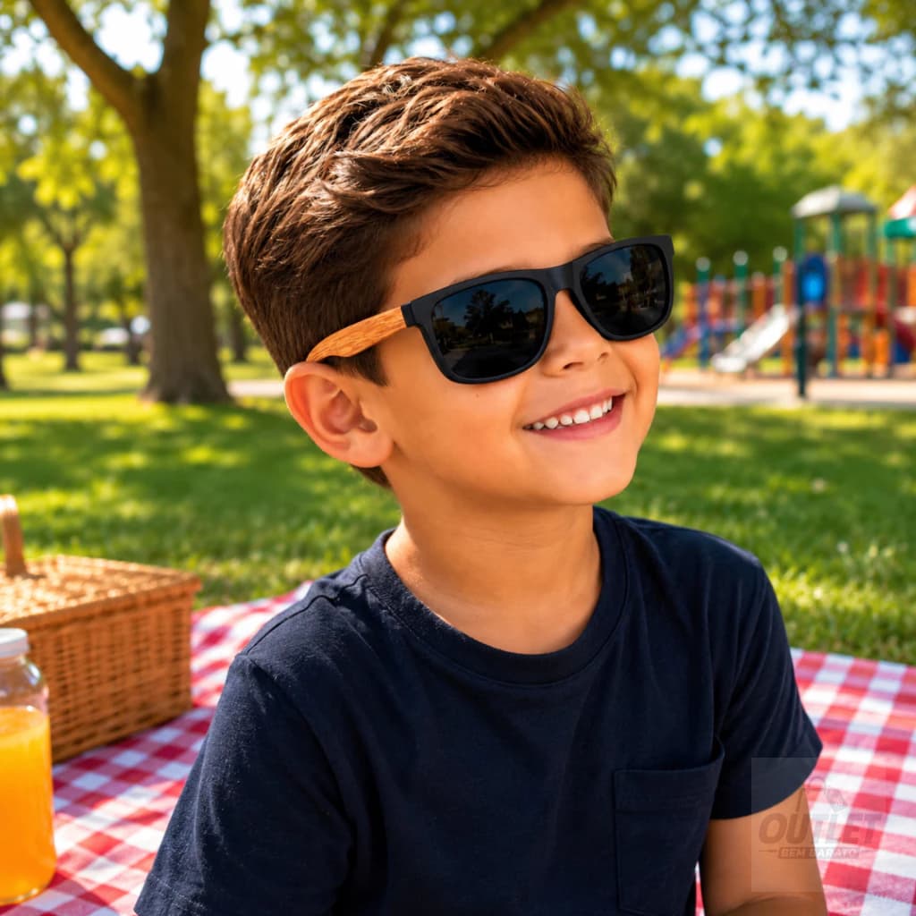 Óculos de Sol Infantil Lente Preta lateral em Madeira Bambu Criança Menino Menina Proteção UV400