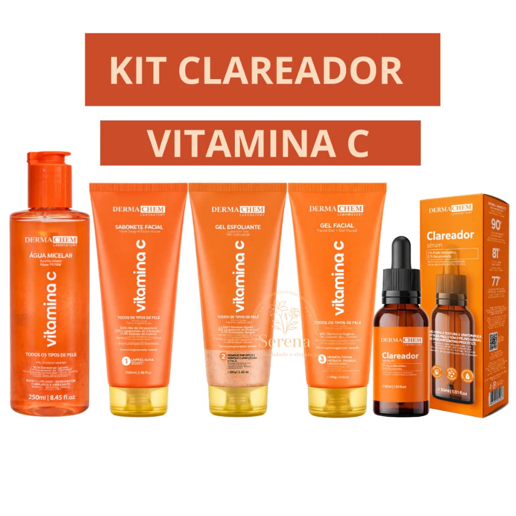 Kit Skin Care Vitamina C Clareador Melasma Anti Idade com Hidratação Limpeza Sabonete Esfoliante Gel