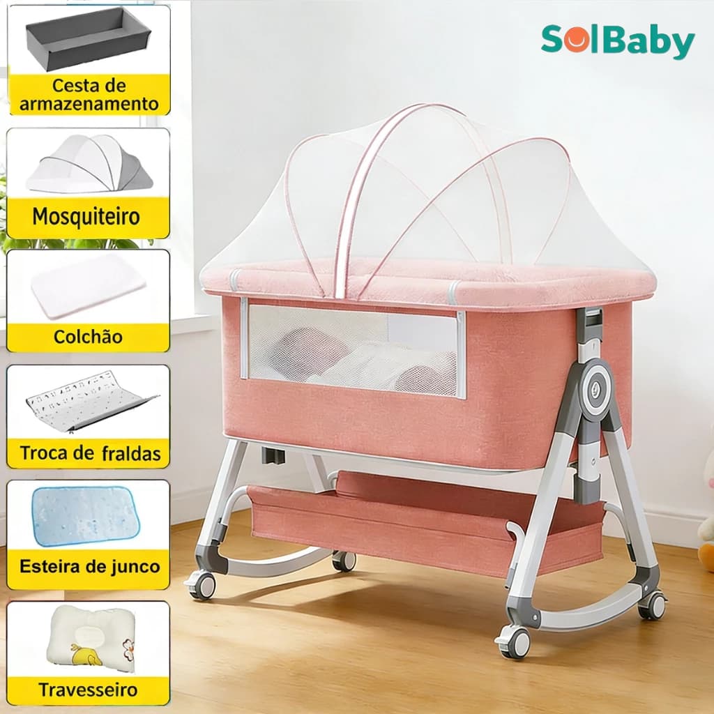Berço Moises Portátil 3 em 1, Co-sleeping, Balanço, Mosquiteiro, Altura Ajustável, Com Rodas