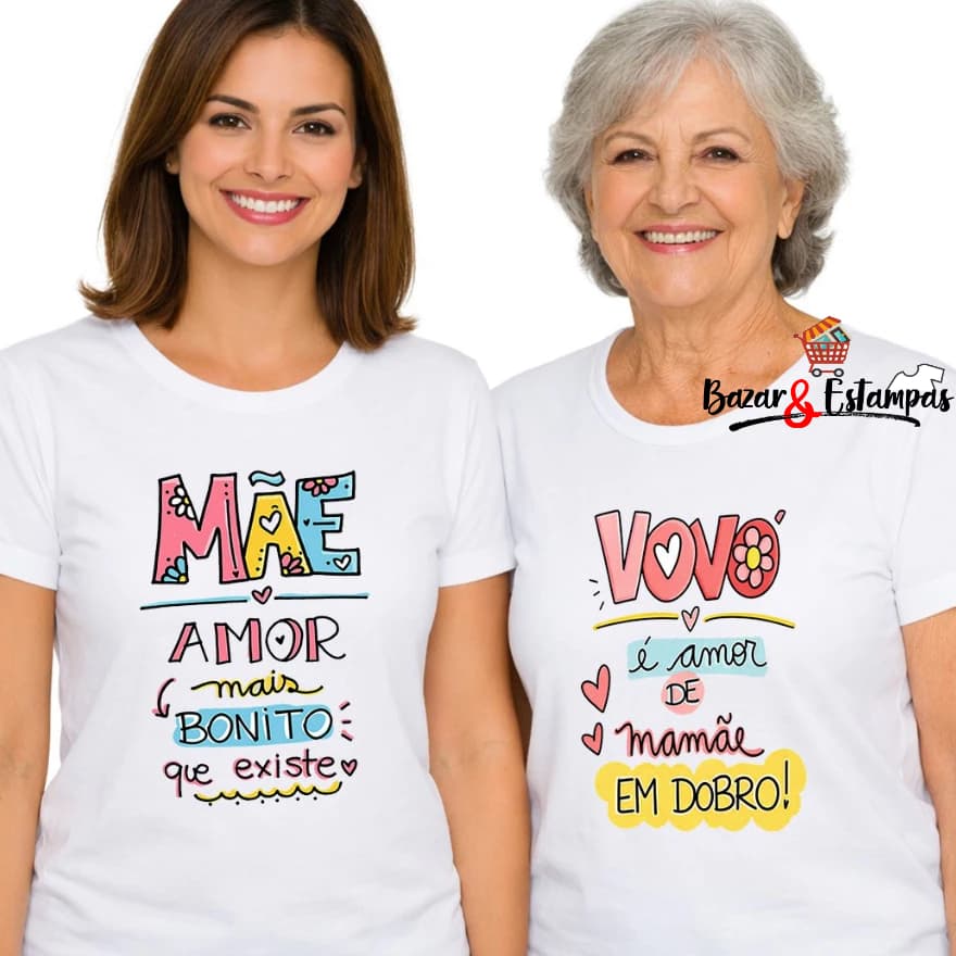 2 Camisetas Dias das Mães Mãe e Avó Vovó Presente para Mamãe e Vovó