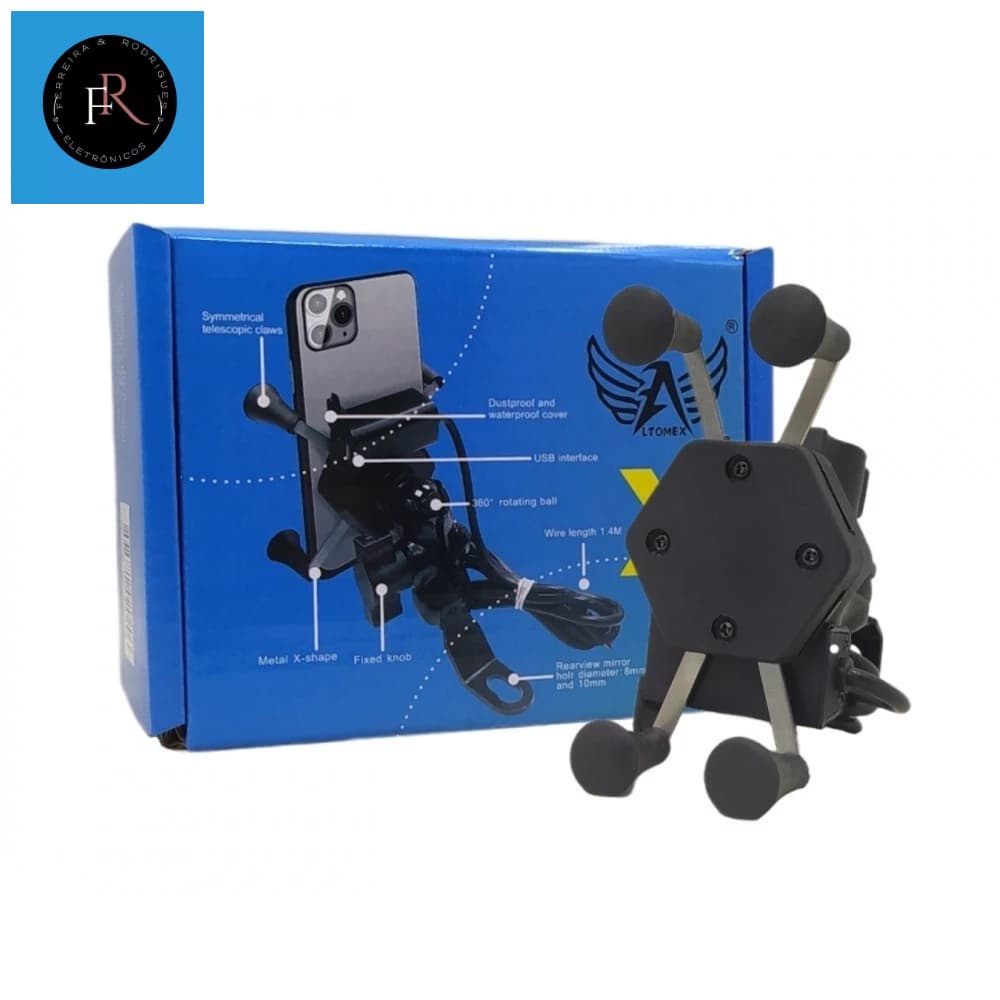 Suporte GPS ou Celular com Carregador Para Fixar no Retrovisor Garra Suporte X De Celular modelo C-020