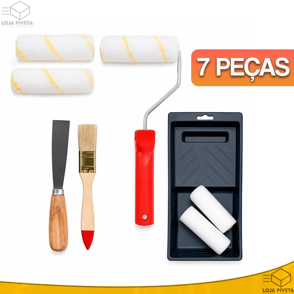 Kit Pintor 7 Peças Com Bandeja Espátula Pincel Espuma Rolo Pintura Tinta Parede Multiuso