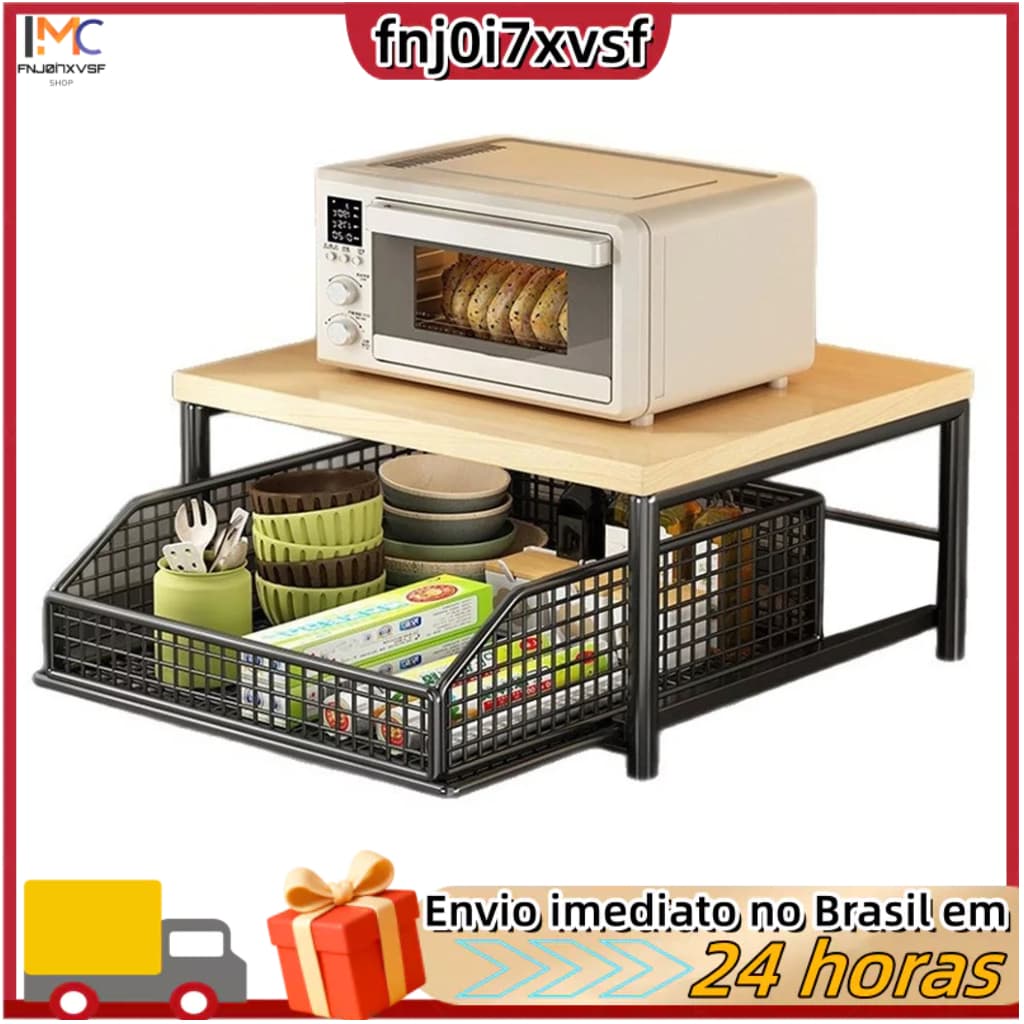 Organizador de bancada de cozinha compacto com gaveta e cesto aramado-Prateleira resistente de madeira maciça cafeteira