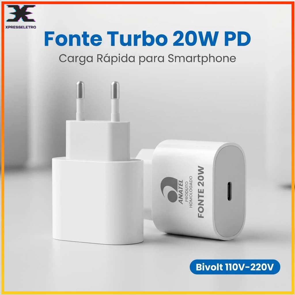 Fonte Carregador 20W Turbo Tipo c Carga Rápida USB C Compatível  Iphone   Bivolt 110V-220V