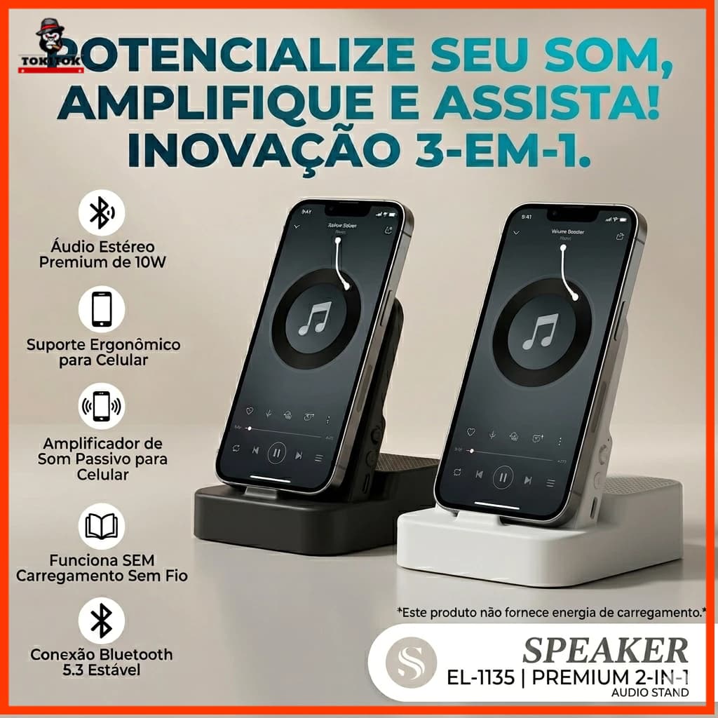 Caixa de Som Amplificadora para Celular  Bluetooth 5.3 Suporte de Mesa Som Estéreo 10W Portátil para Música e Vídeo