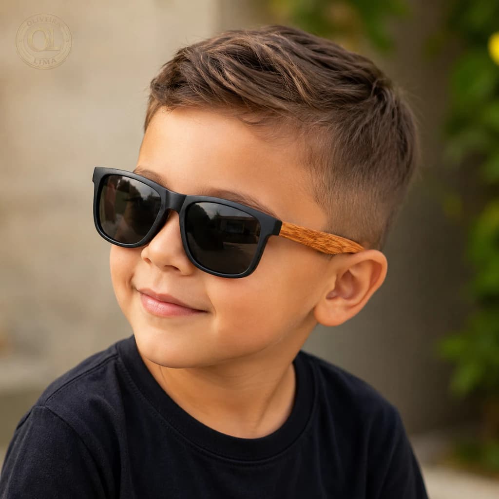 Óculos de Sol Infantil Lente Preta lateral em Madeira Bambu Criança Menino Menina Proteção UV400