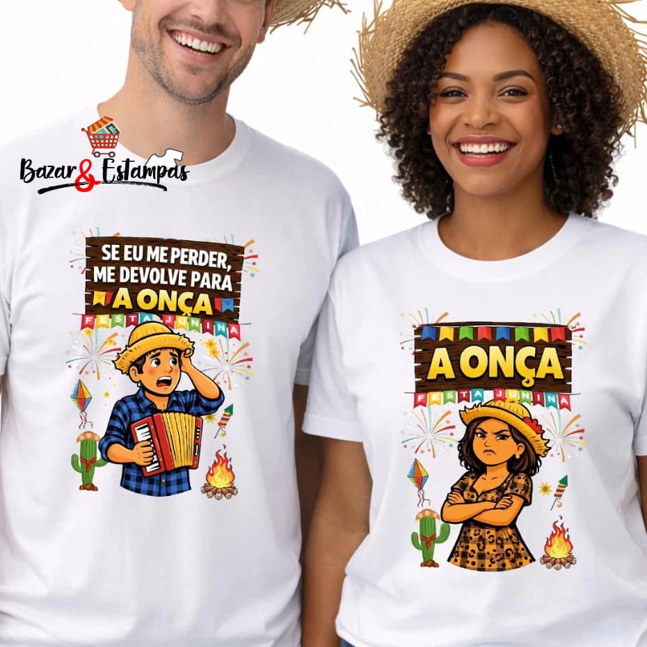 2 Camisetas Festa Junina Arraiá Casal Se eu me Perder Me entrega para A Onça Camiseta Engraçada