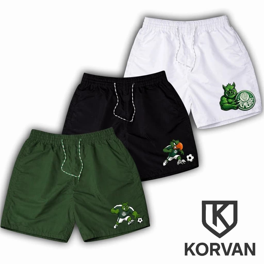 Kit 3 Bermuda Shorts Mauricinho Tactel PORCO VERDE Futebol Masculino Esportivo Torcedor Treino Academia