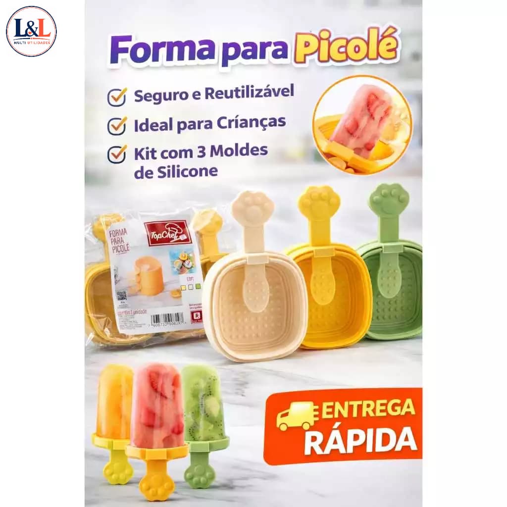Forma de Picolé Silicone 3 Unidades Reutilizável | Molde Caseiro para Sorvete | Fácil de Desenformar | Infantil e Seguro