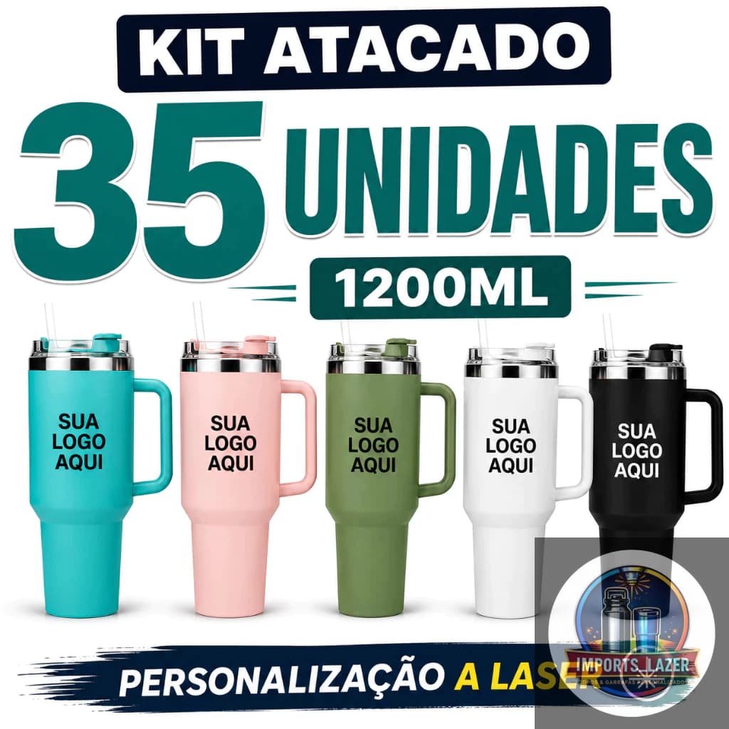 Kit 35 unidades Personalizada Copo garrafa Térmica Inox 1200ml Parede Dupla tampa Canudo Portátil nome+logo brinde event