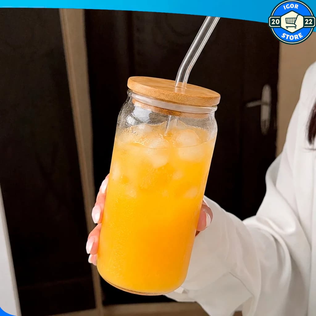 Copo De Vidro Com Tampa De Bambu 500ML Para Cozinha Multiuso Café Água Drinks