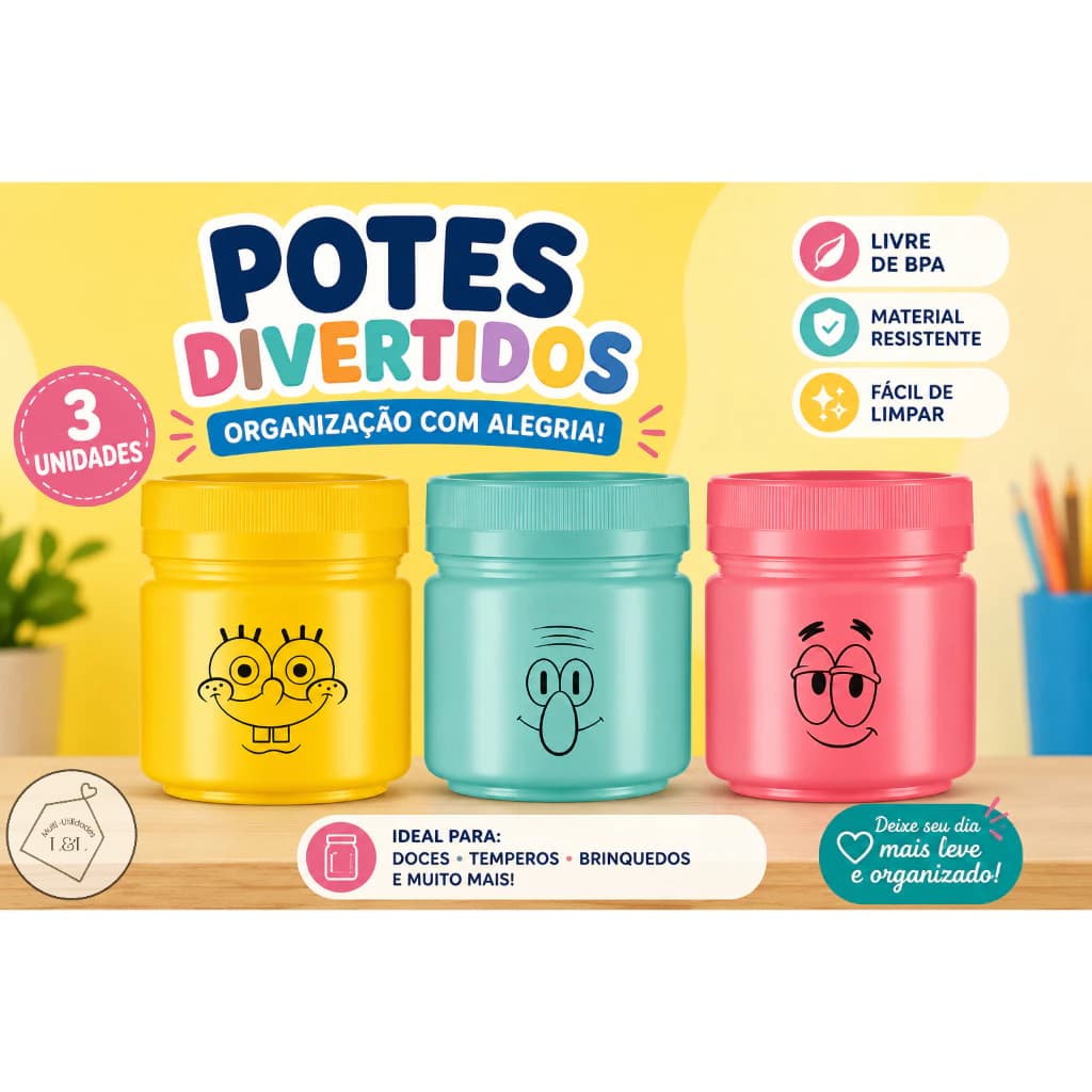 ✨ Kit com 3 Potes Divertidos – Coloridos com Carinhas Fofas ✨