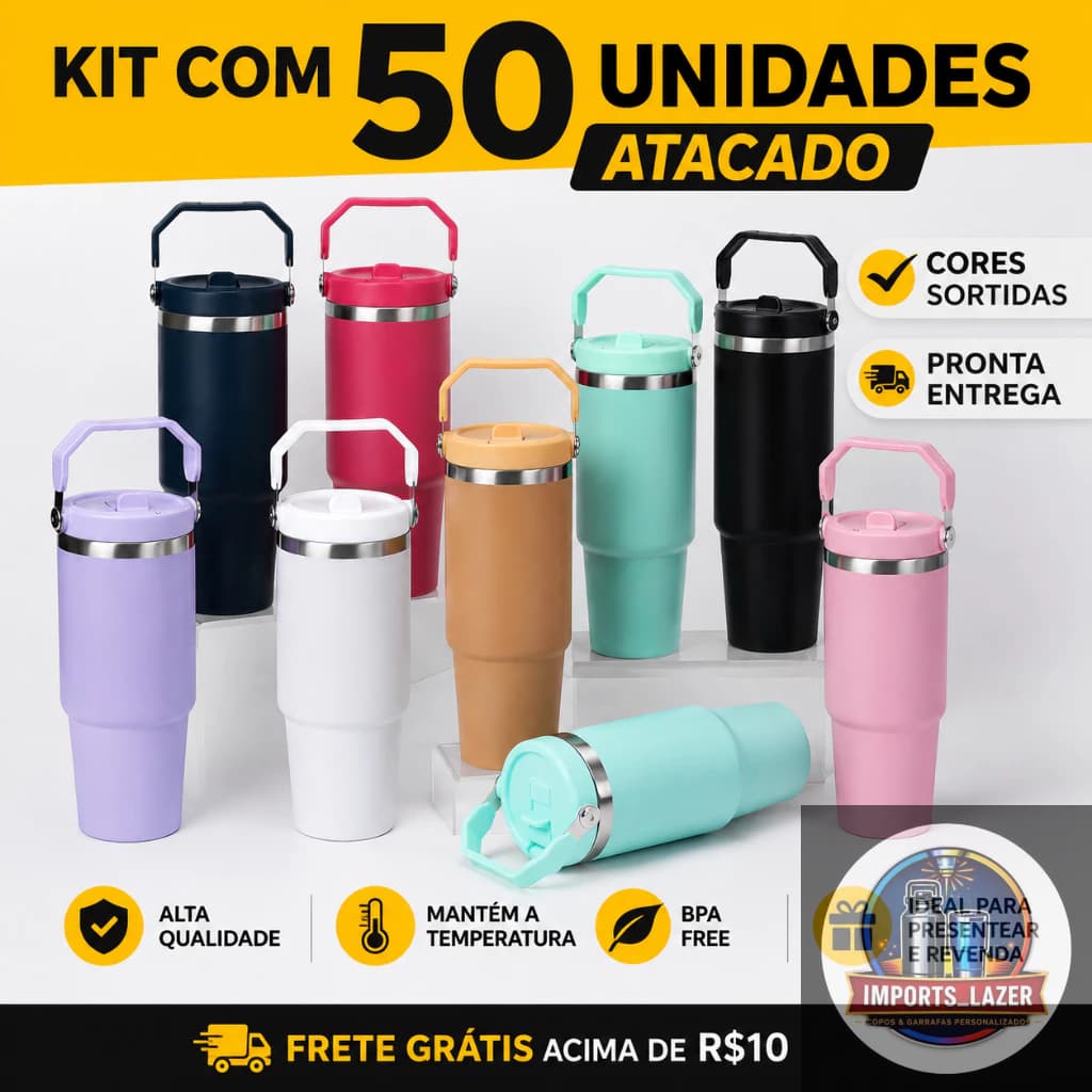 KIT 50 Garrafa Térmica 900ml Inox com Isolamento Térmico e Canudo Flip para personalização