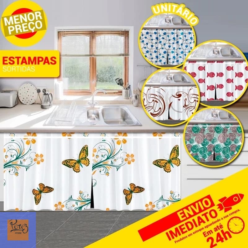 Cortina de Pia PE 138x80cm Decoração Cozinha Várias Estampas Sortidas Uso Direto no Suporte