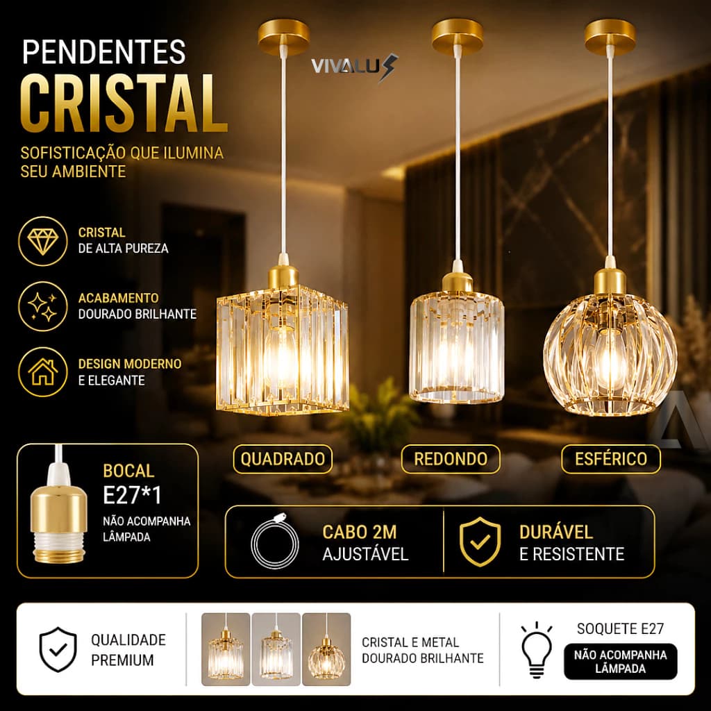 Luminária de Teto Lustre Pendente Cristal Dourado Redondo Quadrado Bocal E27 Para Lavabo Cabeceira