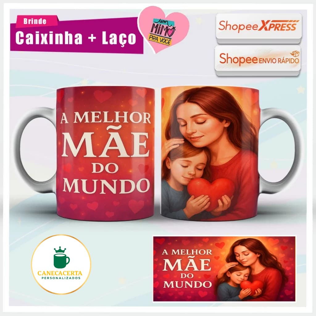 Caneca A Melhor Mãe Do Mundo Presente Mãe Caixa E Laço Xicara Porcelana Ceramica 325ml