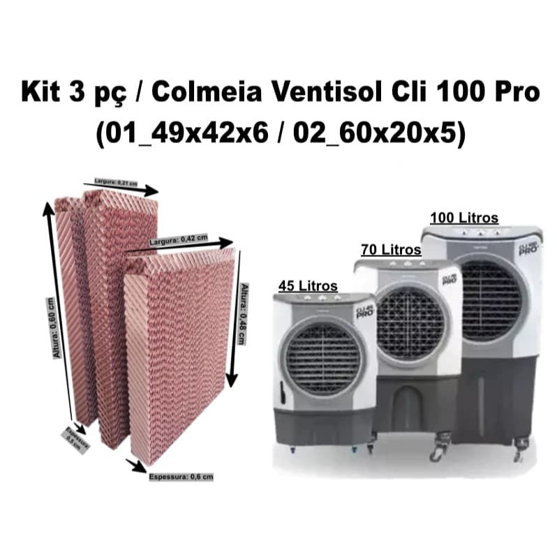 Kit 3 pçs, Placa Evaporativa, Climatizador Ventisol 45, 70, 100 Litros