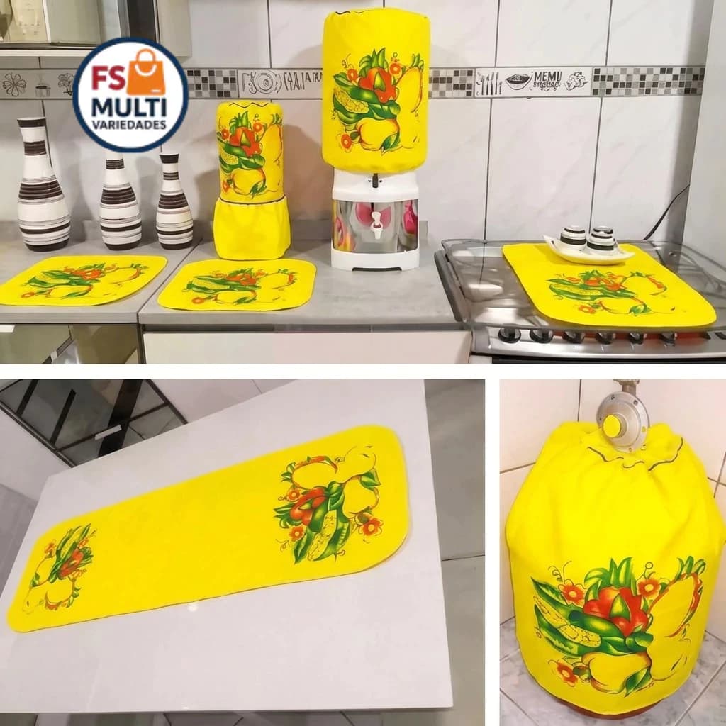 Jogo de Cozinha Estampado 7 Peças Capa Fogão Botijão Liquidificador Panos de Copa Várias Cores