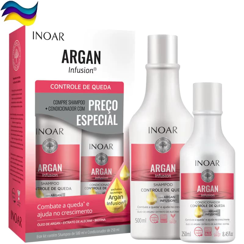 Inoar Controle de Queda Kit Shampoo 500ml e Condicionador 250ml - Argan Infusion Hidratação Nutrição