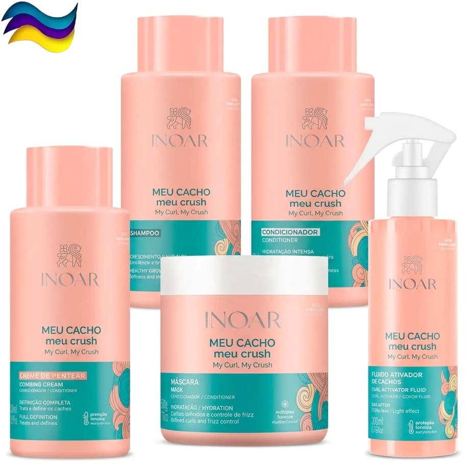 Kit 5 Itens Meu Cacho Meu Crush Inoar - Creme Pentear + Shampoo + Condicion + Máscara + Finalizador