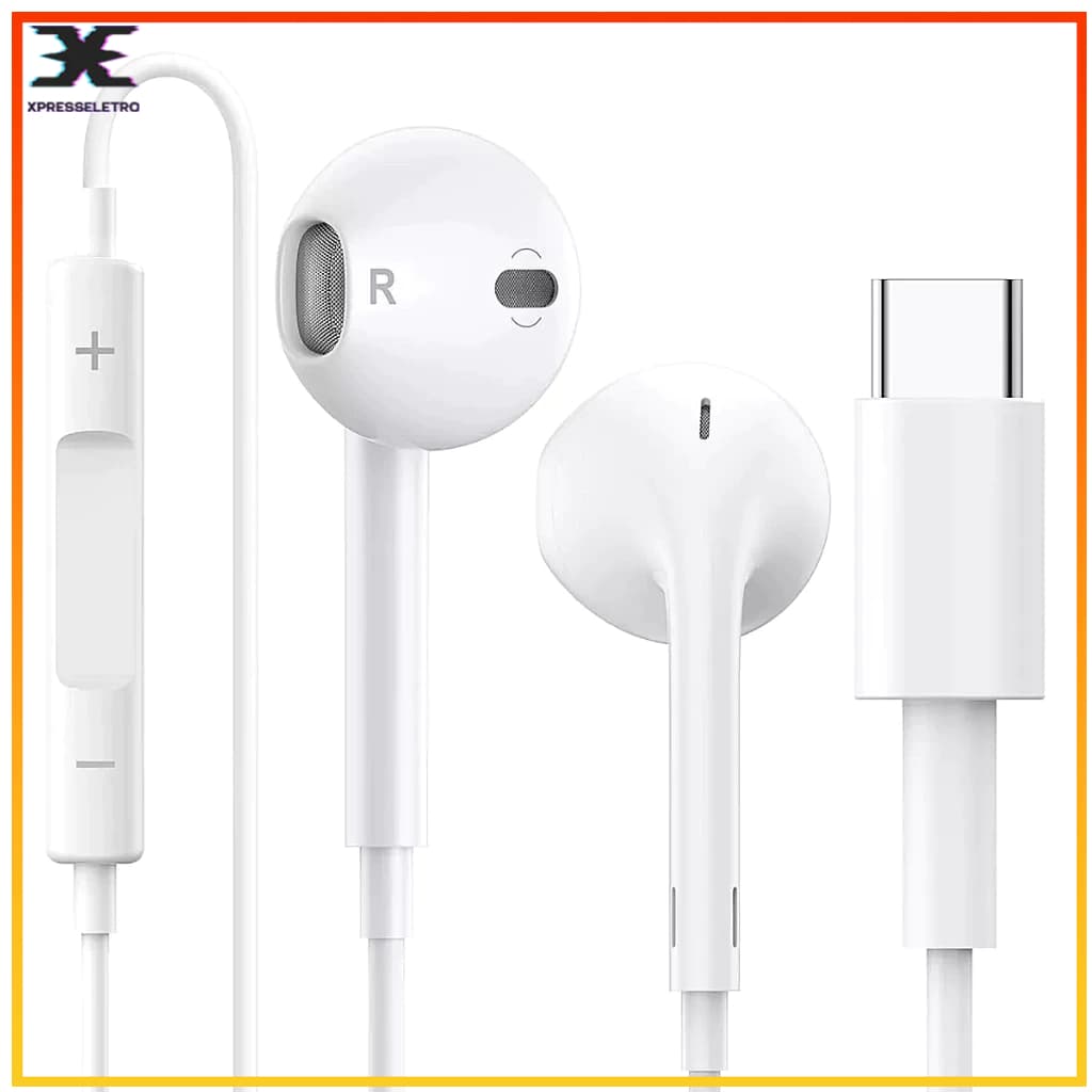 Fone de Ouvido com Fio Tipo-C com Microfone Controle de Volume Som Estéreo Para Android e Iphone 15/16/17