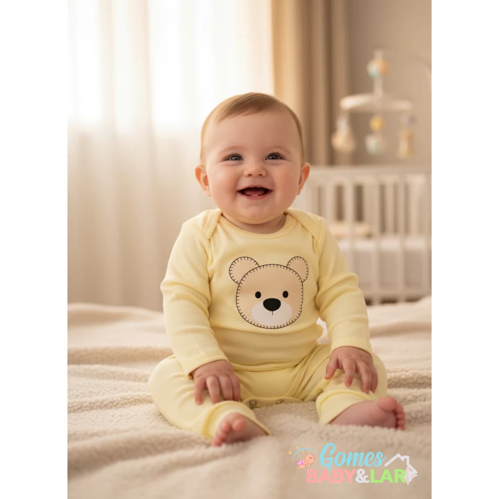 Conjunto de Bebê Unissex Ursinho Body Manga Longa com Calça Vira Pé