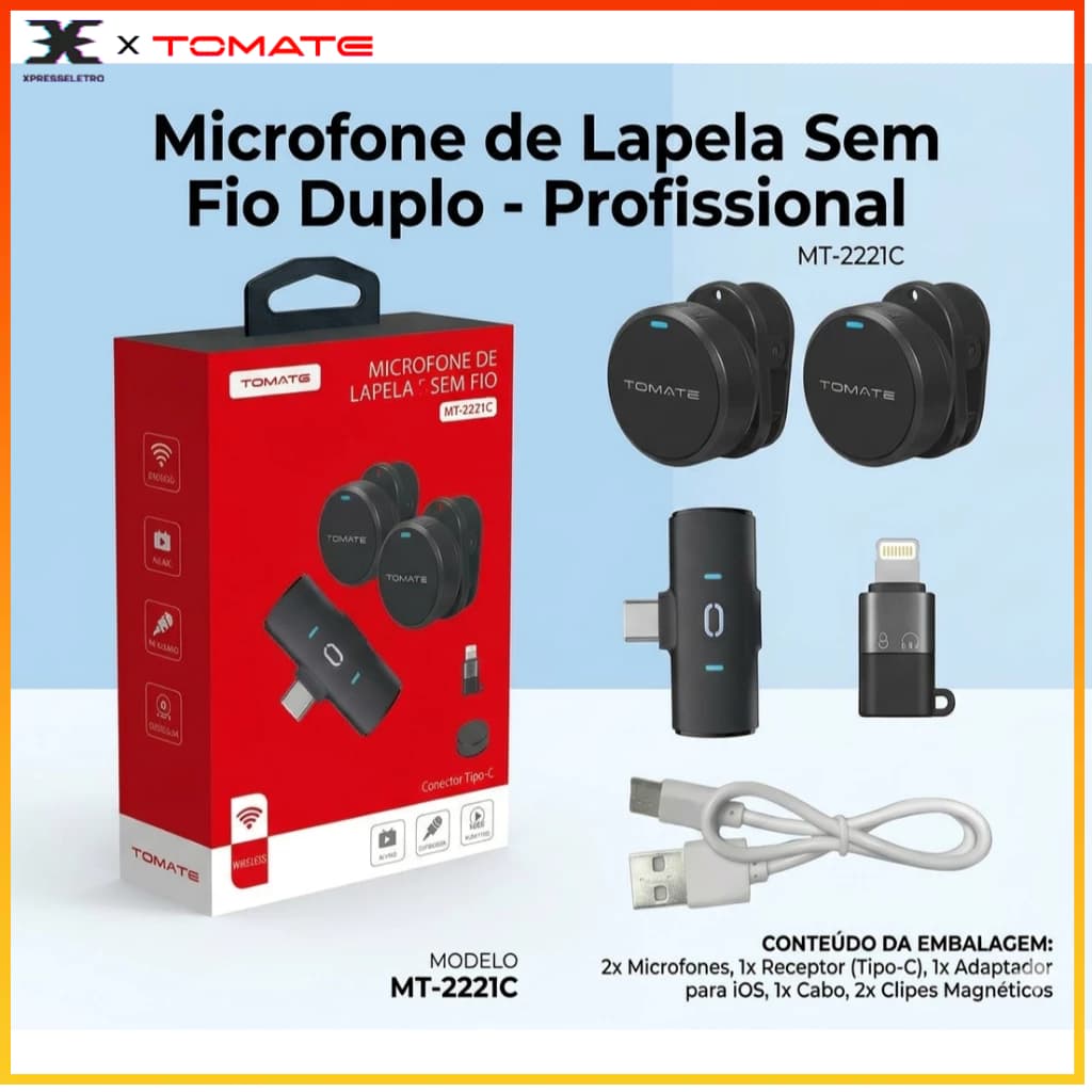 Microfone de Lapela Sem Fio Magnético Duplo para Celular iPhone Android Live Podcast Entrevista Gravação