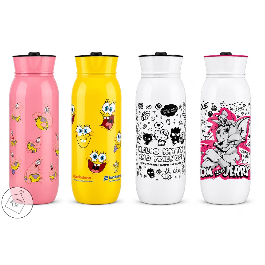 Garrafas 1,4L Infantil Personagens Bob Esponja Patrick Hello Kitty Tom e Jerry Plástico Resistente BPA Free