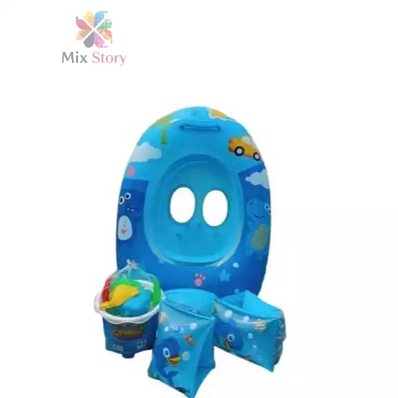 Combo Praia Bebê Azul - Boia Fralda + Boia Braço + Balde Brinquedos