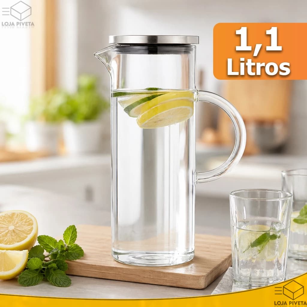 Jarra de Vidro 1,1L Com Tampa e Filtro de Aço Inox Garrafa Vedação Para Servir Água Suco Geladeira