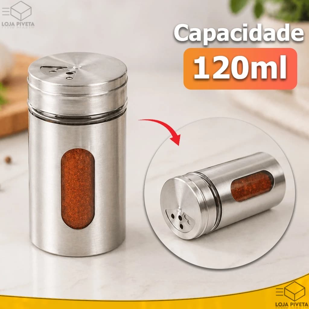 Saleiro Porta Condimentos 120ml Aço Inoxidável Com Visor de Vidro Temperos Cozinha Sal Pimenta