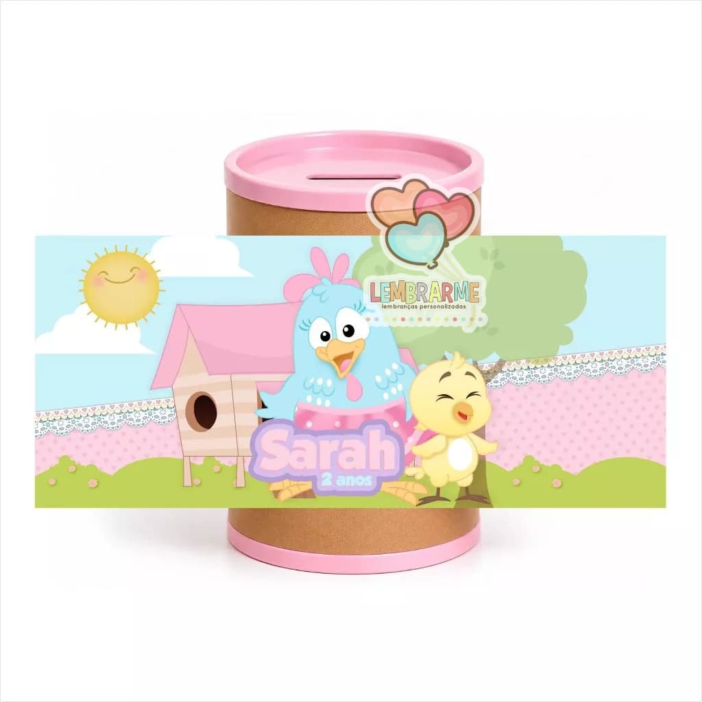 Kit Rótulo Cofrinho Personalizado Galiinha Pintadinha Rosa para Lembrancinha de Aniversário