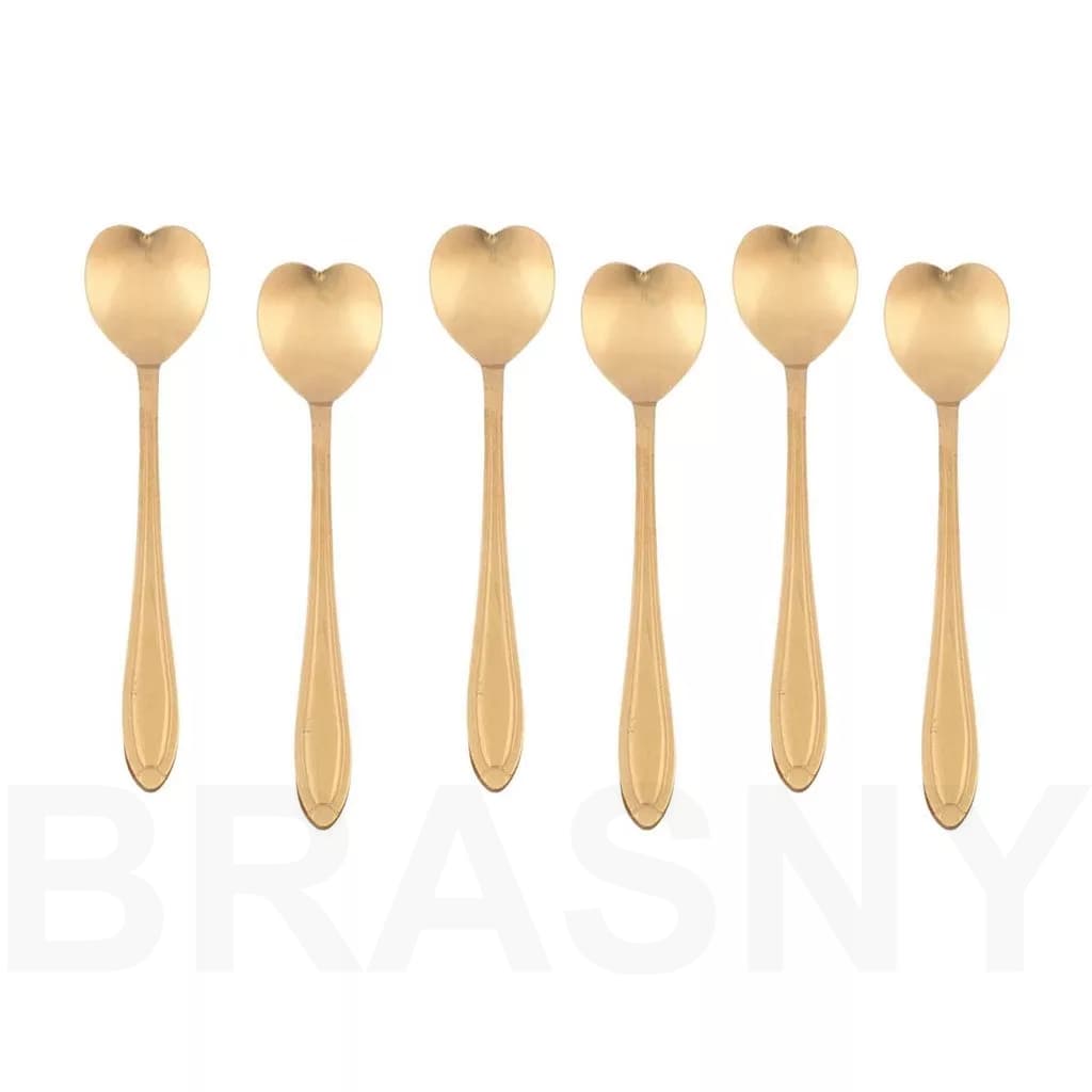 Kit Jogo 6 Colheres Café Chá Coração Sobremesa Inox Dourada