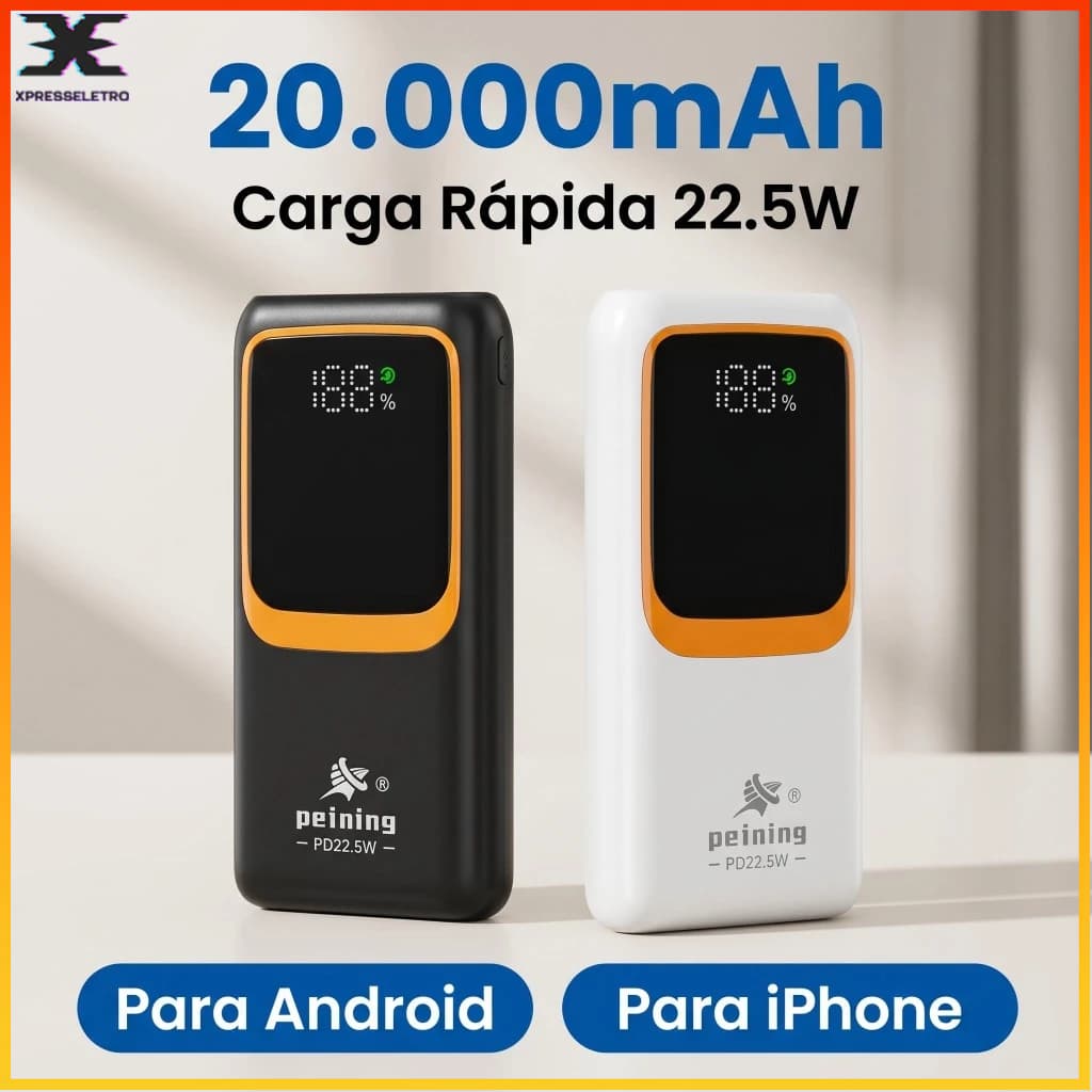Power Bank Peining 20000mAh 22.5W Carregamento Rápido Display Digital USB-C Portátil