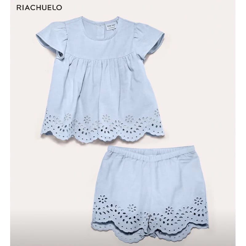 Conjunto curto bebê 2 peças RN em laise babados azul | Riachuelo | 100% algodão | Saída de Maternidade
