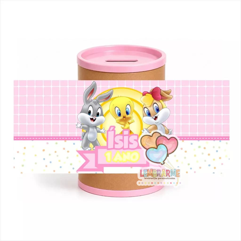 Kit Rótulo Cofrinho Personalizado Baby Looney Tunes para Lembrancinha de Aniversário