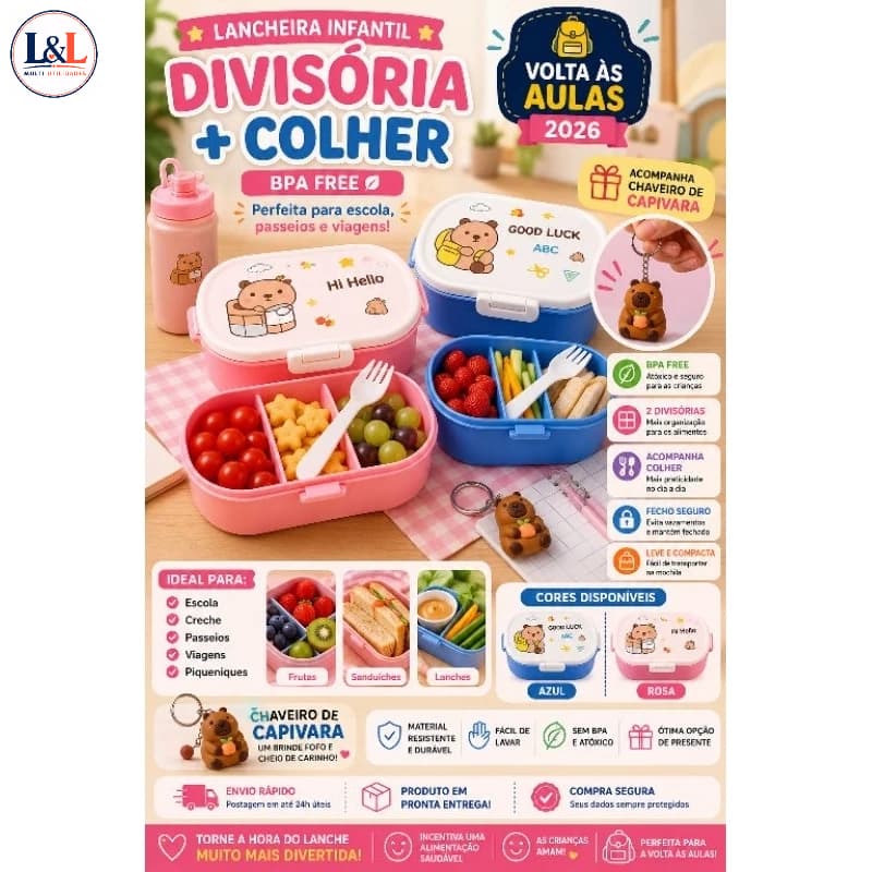 Marmita Infantil com Divisórias e Colher | Lancheira Escolar BPA Free + Chaveiro Capivara | Volta às Aulas