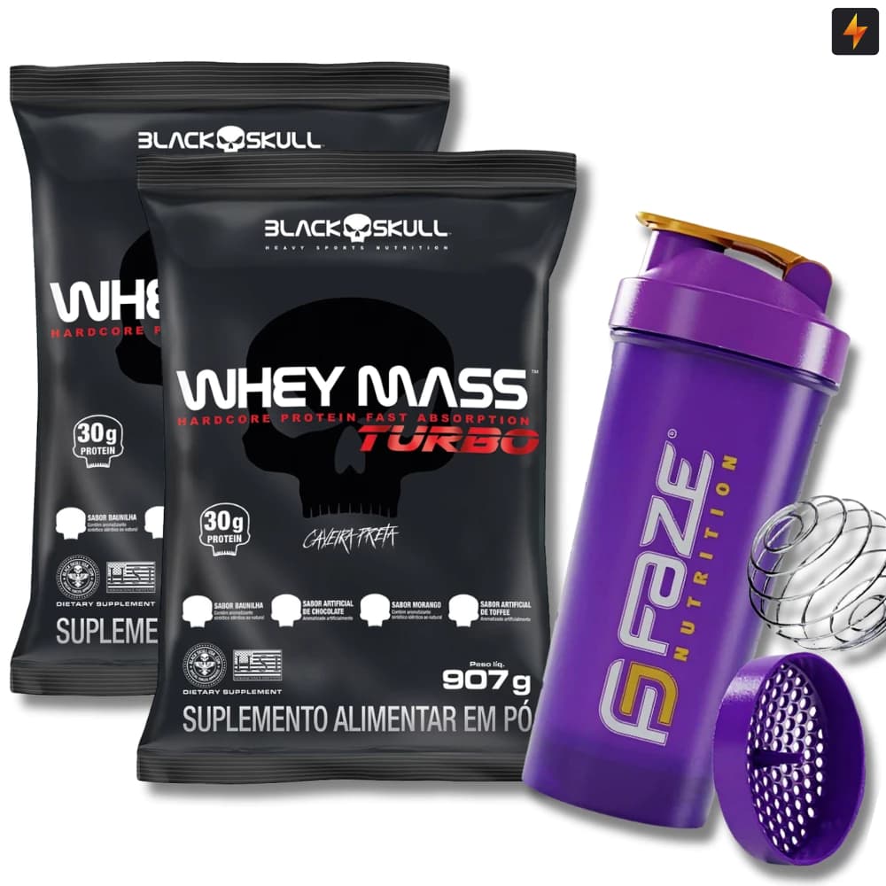 Kit 2x Whey Black Skull Turbo 907g Refil Black Skull + Coqueteleira C/ Mola Inox
