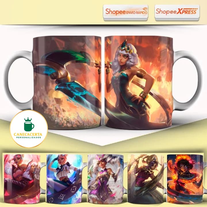 Caneca League Of Legends Qiyana Vários Modelos Todas Skins Caneca Gamer LOL 325ML