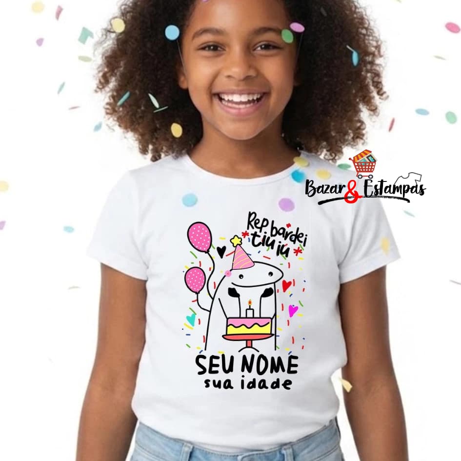 Camiseta Bonequinho Flork Meme Aniversário Menina Presente Divertido Informe Nome e Idade Via Chat