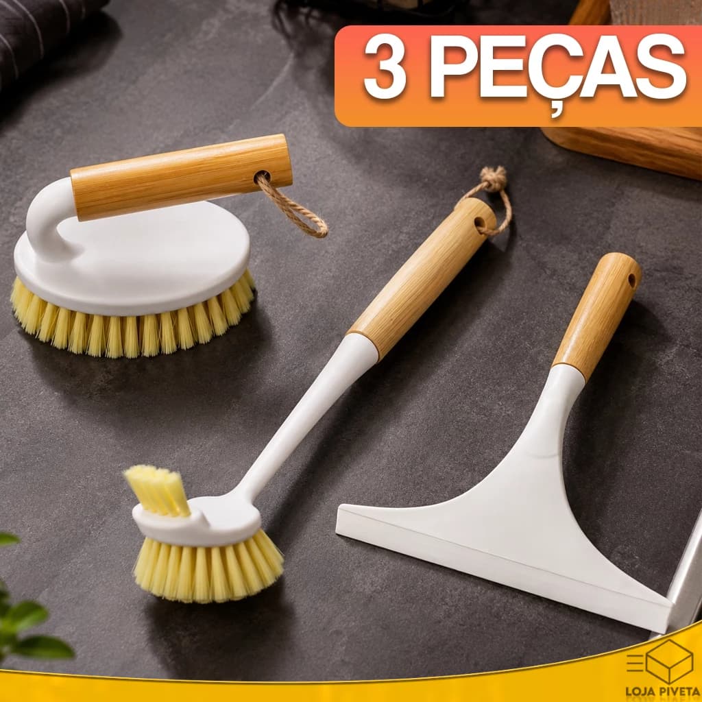 Kit Escovas de Limpeza Dupla e Oval de Bambu Ecológico 3 Peças Com Rodo Rodinho de Pia Ergonômico