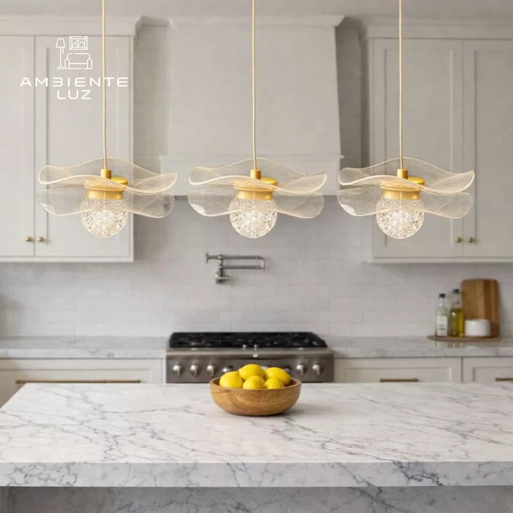 PENDENTE  LUSTRE ACRÍLICO FLORAL LED DOURADO PARA QUARTO LAVABO COZINHA BALCAO