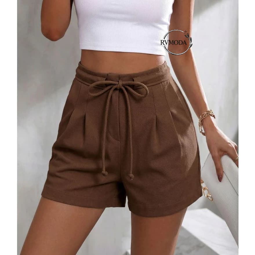 Short Feminino Marrom Neoprene Slim Cintura Alta Com Zíper Bolso Casual Chic Alfaiataria Lançamento