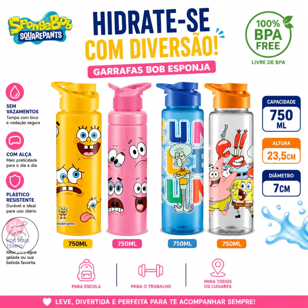Garrafa Personagem 750ml Infantil com Alça | BPA Free | Antivazamento | Plástico Resistente