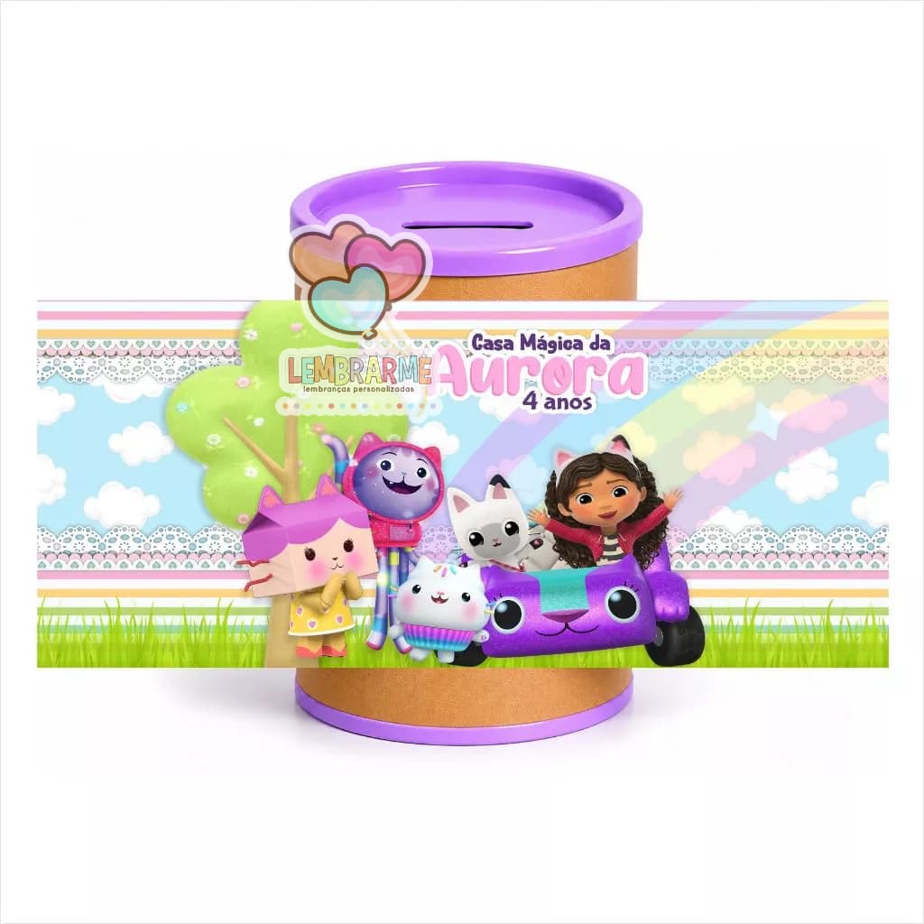 Kit Rótulo Cofrinho Personalizado Casa Mágica da Gabi para Lembrancinha de Aniversário