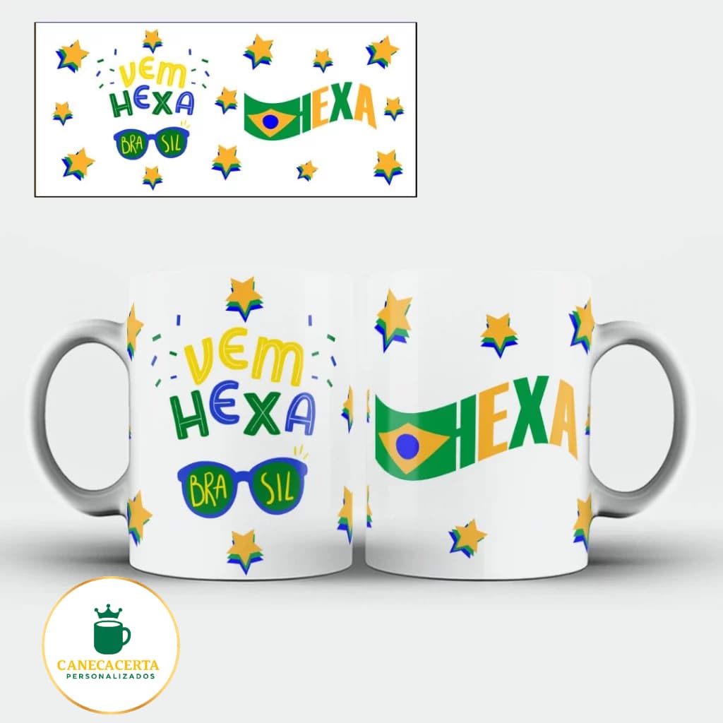 Caneca De Cerâmica Vem Hexa Brasil Estrelas Presente Criativo Premium