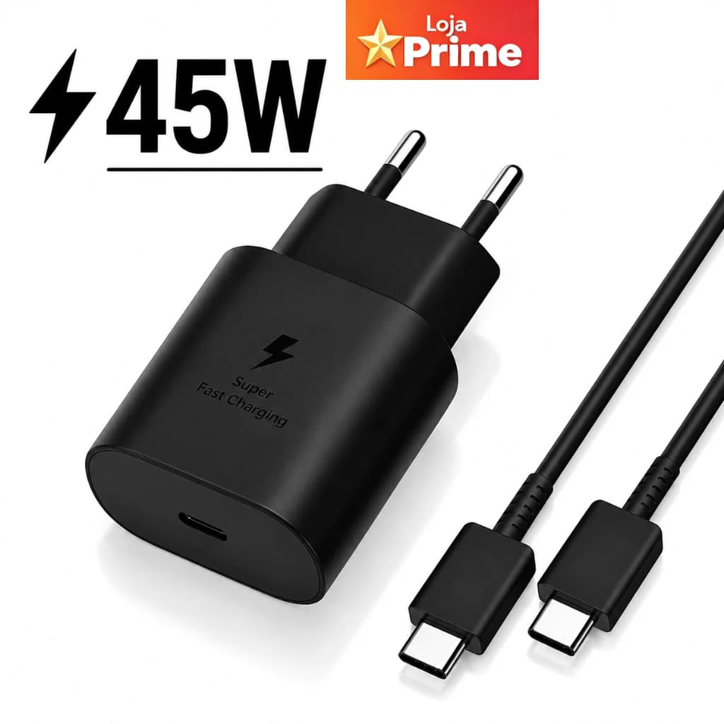 Carregador 45W Turbo Tipo C + Cabo USB-C | Carregamento Apto para Samsung e Xiaomi