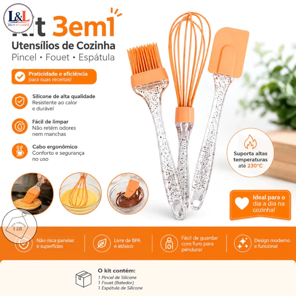 Kit Confeiteiro 3 em 1 Espátula Silicone + Batedor Manual + Pincel Culinário Utensílios Cozinha