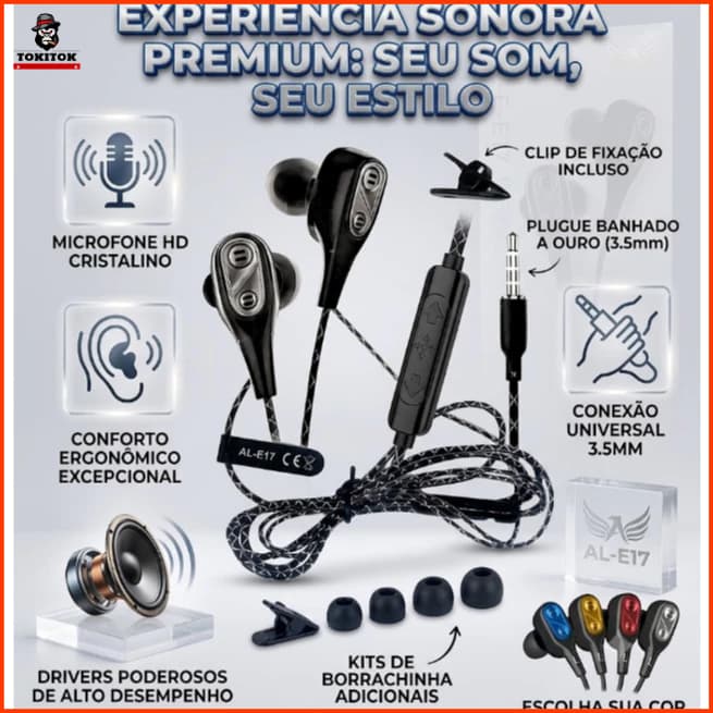 Fone de Ouvido Intra-Auricular P2 3,5mm com Microfone Graves Potentes Compatível Universal AL-E17