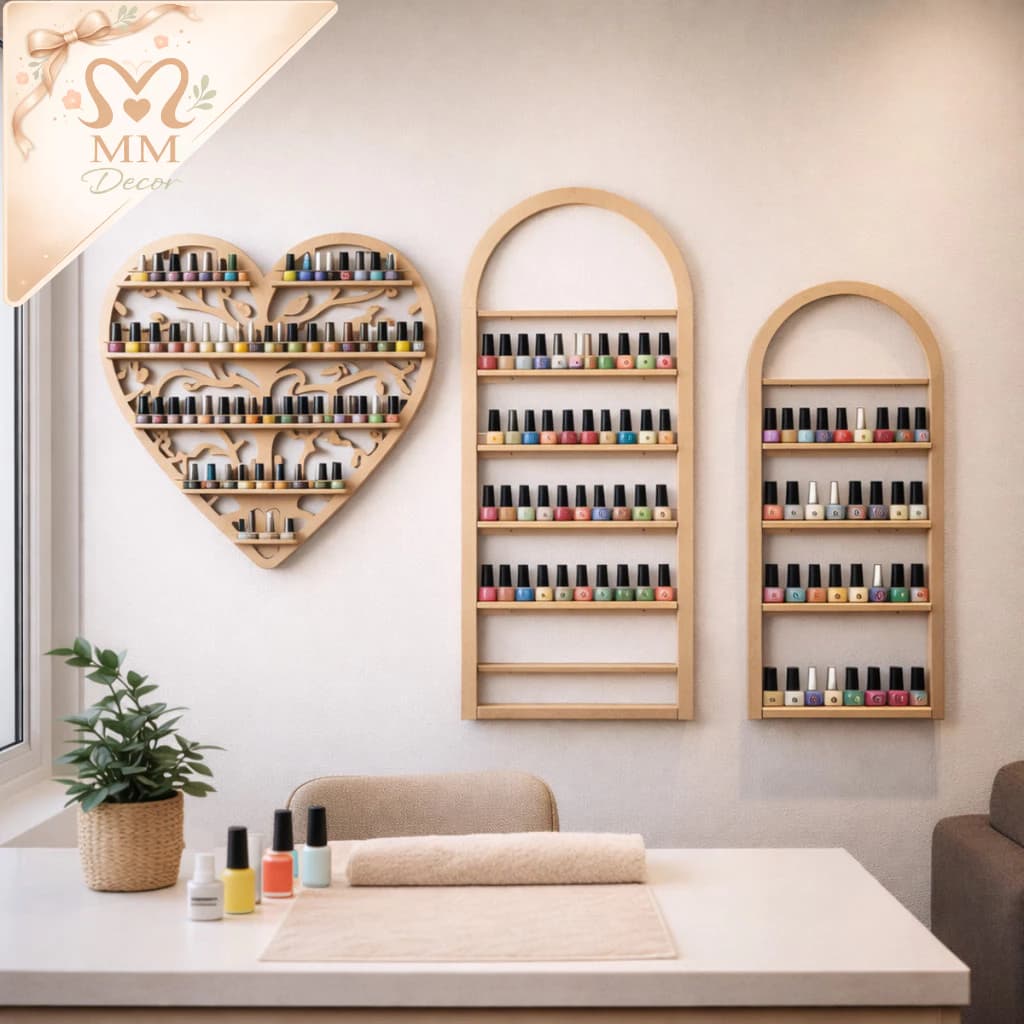 Expositor Porta Esmaltes de Parede MDF com Arco e 10 Prateleiras para Manicure